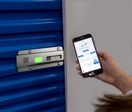 Noke ONE smart lock on self storage unit door using smartphone app to open